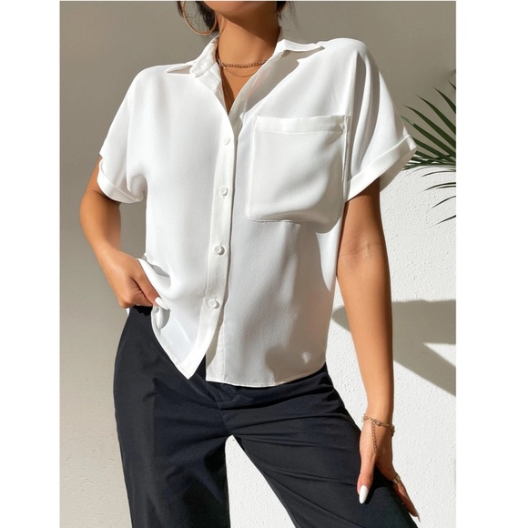 White Casual Button Up / Down Shirt Collar V-Neck Button Front Short Sleeve - Picture 12 of 17